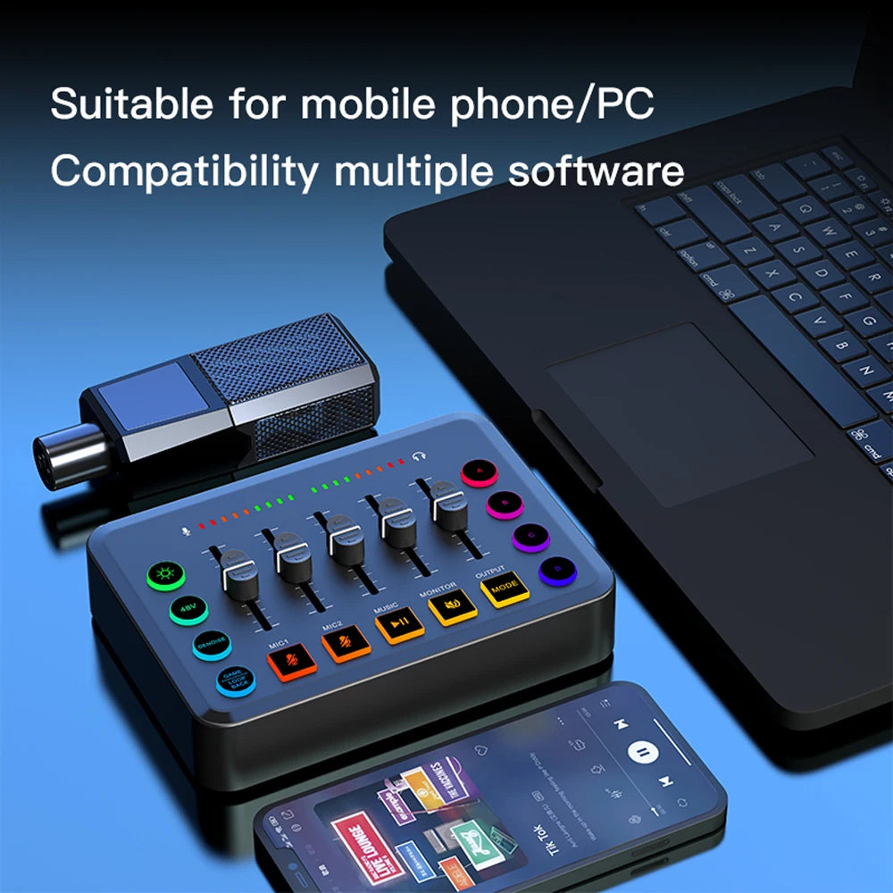 New Gaming Audio Mixer Streaming 5-Channel RGB Mixer with XLR Microphone Interface for Game Voice Podcast Live Streaming