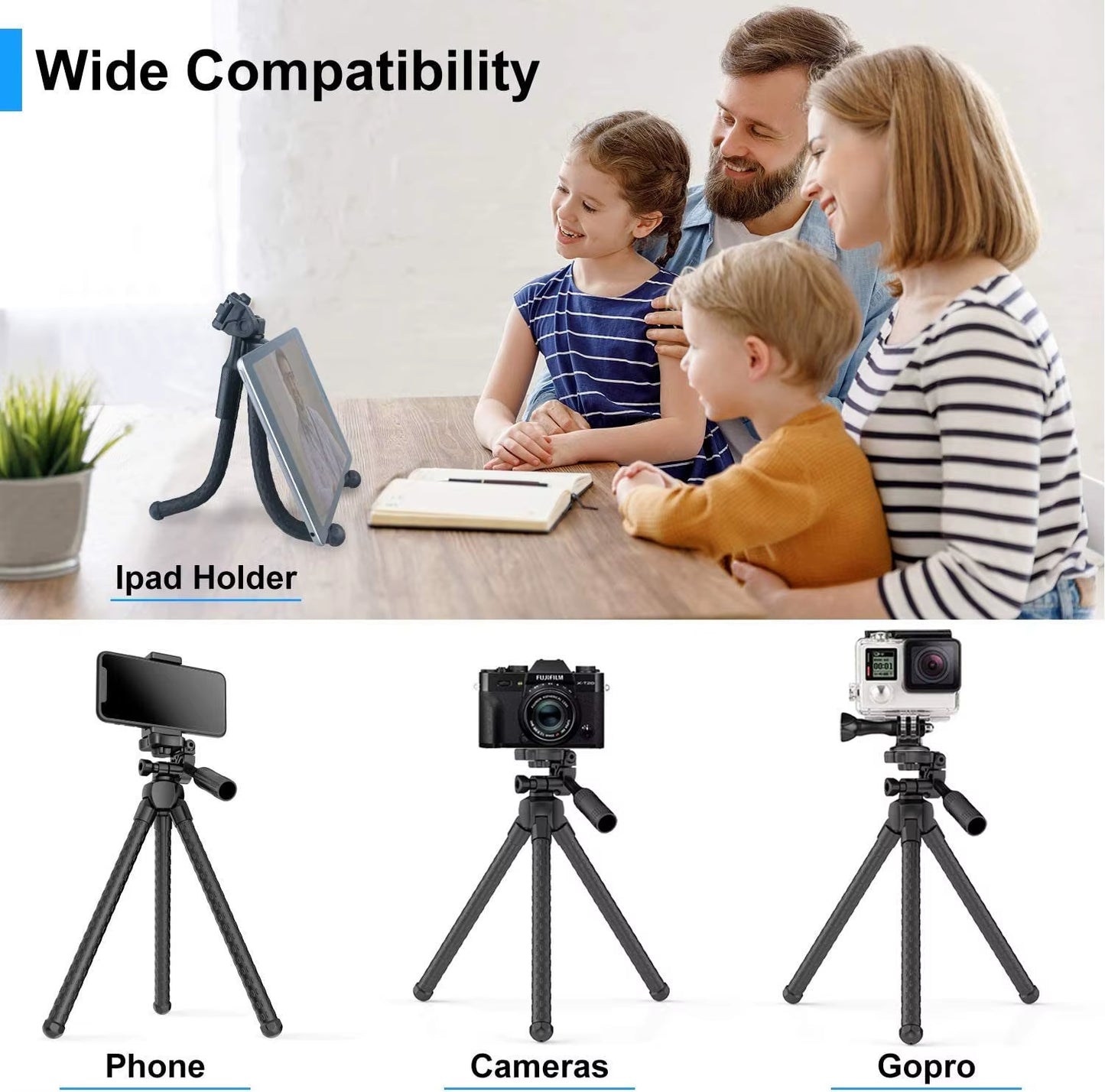 Portable and Adjustable Flexible Phone Tripods Camera Stand Holder with Wireless Remote and Universal Phone Mount