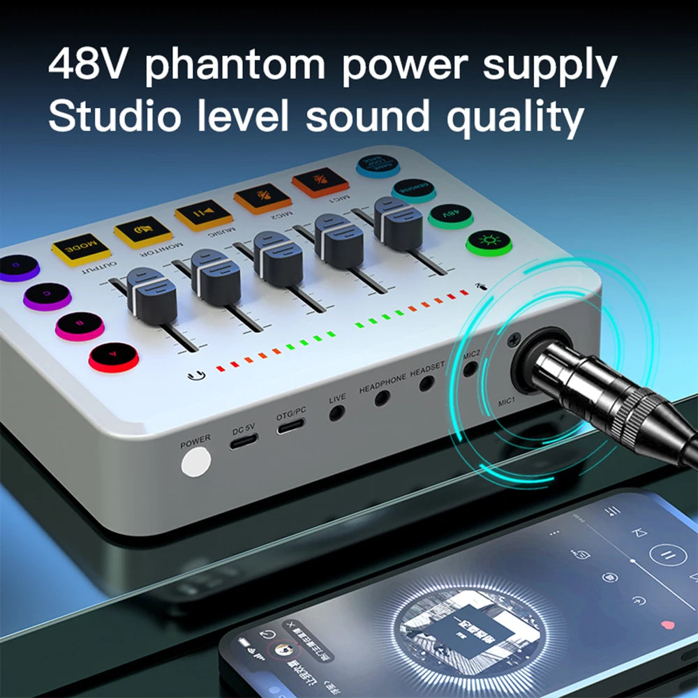 New Gaming Audio Mixer Streaming 5-Channel RGB Mixer with XLR Microphone Interface for Game Voice Podcast Live Streaming